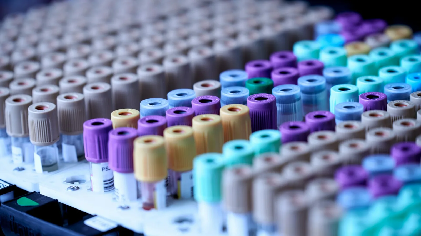 Rows of sample tubes with coloured caps in a laboratory rack