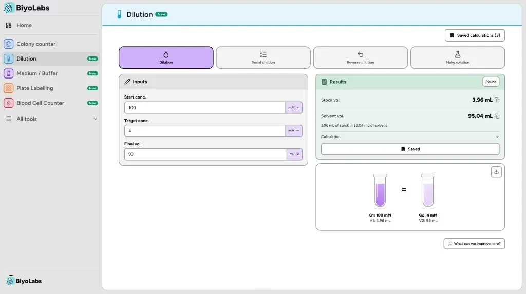 BiyoLabs dilution calculator with stock and solvent volume results