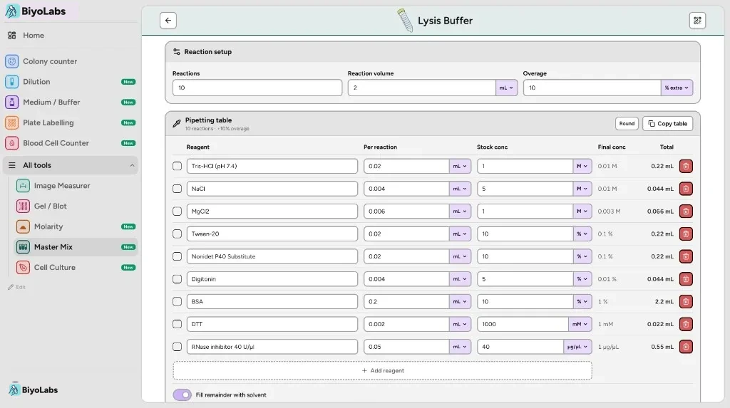 BiyoLabs master mix calculator with reagent volumes and pipetting totals