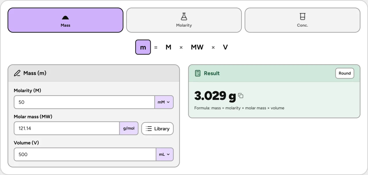 BiyoLabs molarity calculator solving mass from molarity, volume, and molecular weight
