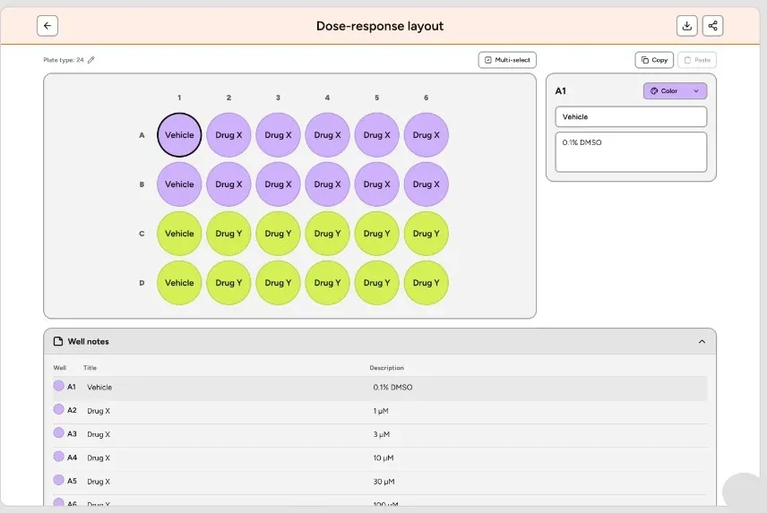 Color-coded well map in the BiyoLabs plate labelling tool