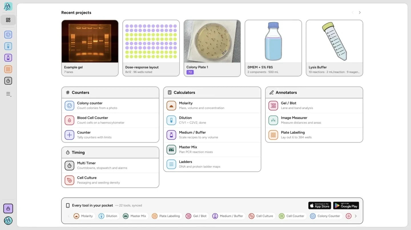 BiyoLabs desktop web workspace with counter tools