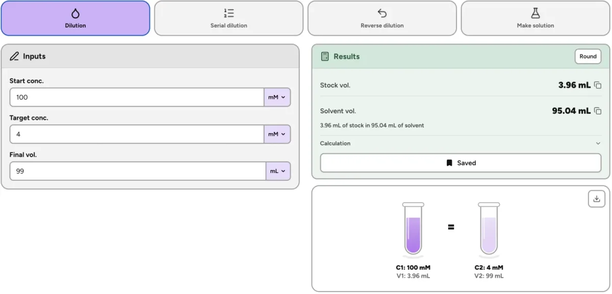BiyoLabs dilution calculator with stock and solvent volumes