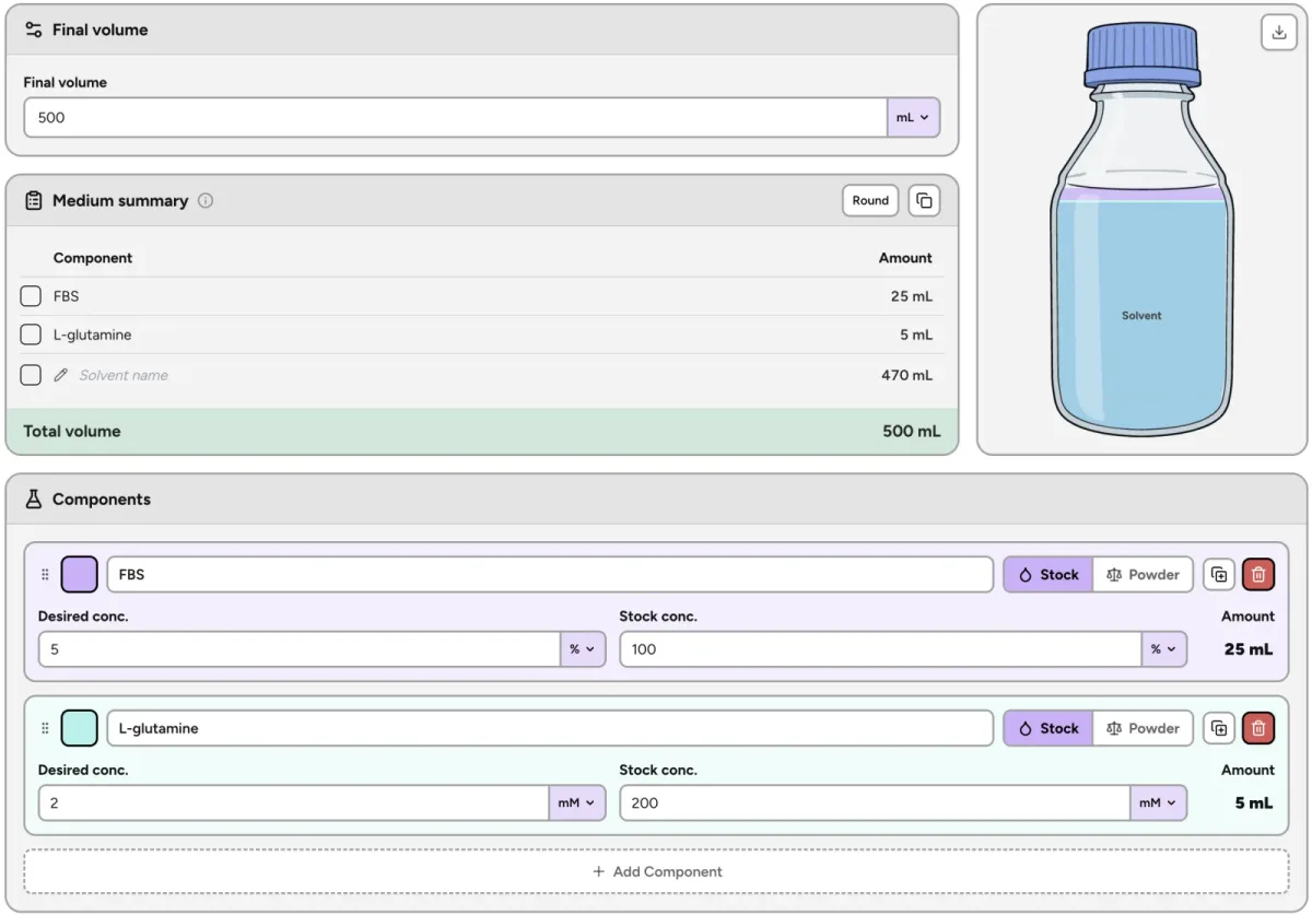 BiyoLabs medium and buffer calculator with component volumes